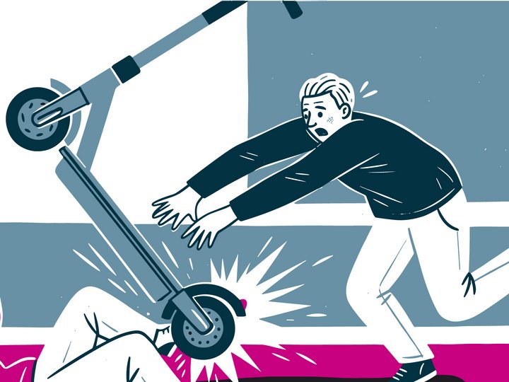 Illustration eines Unfalls mit einem E-Scooter, eine Person liegt am Boden , die andere läuft hin, um Hilfe zu leisten