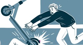 Illustration eines Unfalls mit einem E-Scooter, eine Person liegt am Boden , die andere läuft hin, um Hilfe zu leisten